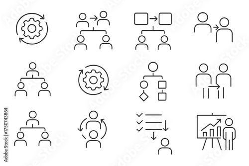 Corporate Restructuring Icons. Leadership in action during corporate restructuring. Line outline icon set of