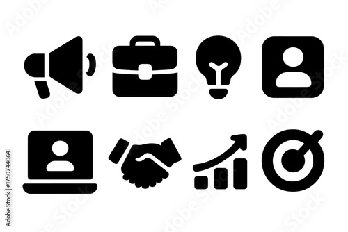 Self-Promotion Icon Set. Self-Promotion. Filled icon set of Self-Promotion: megaphone, portfolio, light bulb,