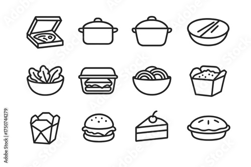 Fridge Items Icons. Peeking into the fridge. Line outline icon set of Peeking into the fridge: leftover pizza