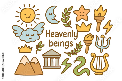 Heavenly Doodles Symphony. Heavenly beings. Hand-drawn doodle illustration of Heavenly beings. sun, moon, star