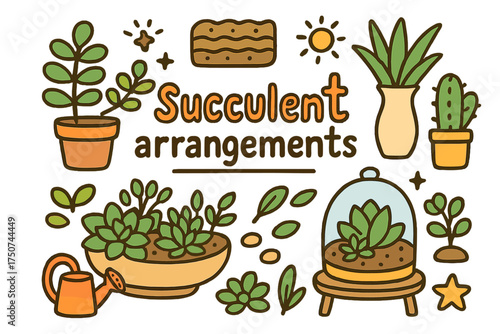 Whimsical Succulent Doodles. Succulent arrangements. Hand-drawn doodle illustration of Succulent arrangements.
