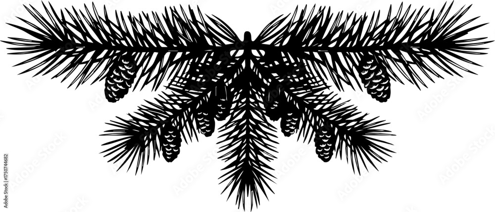 Naklejka premium Elegant black silhouette of a pine branch with cones, perfect for festive holiday designs and natural winter themes