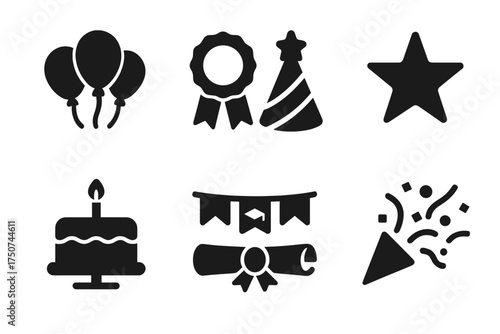 Graduation Icon Set. Graduation Party Favors. Filled icon set of Graduation Party Favors: balloons, ribbon,
