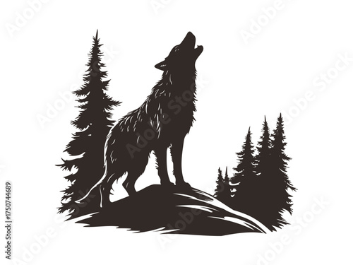 Wolf howling in the woods silhouette