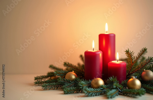 Christmas postcard with red candles. Holiday background with pine and lights. Greeting card with space for text.