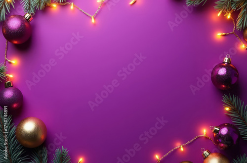 Christmas postcard with purple baubles. Festive violet frame with space for text. Holiday background for greeting card.