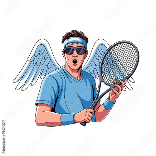 Cartoon tennis player with wings sunglasses and surprised expression holding a racket
