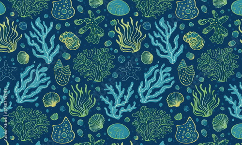 Seamless Pattern with Glowing Underwater Coral and Seaweed. Mystical Marine Life Vector Illustration
