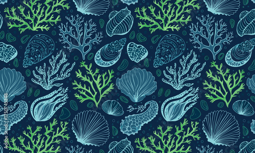 Seamless Pattern with Glowing Underwater Coral and Seaweed. Mystical Marine Life Vector Illustration