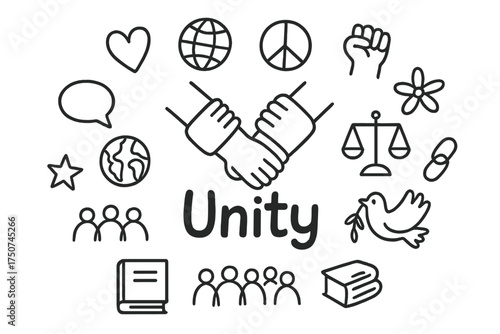 Unity Doodle Montage. Unity. Hand-drawn doodle illustration of Unity. In the middle, one slightly larger