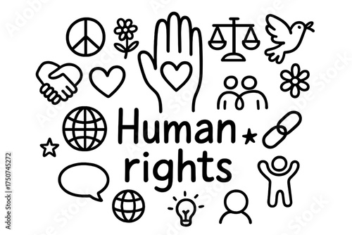 Human Rights Doodle. Human rights. Hand-drawn doodle illustration of Human rights. In the middle, one slightly