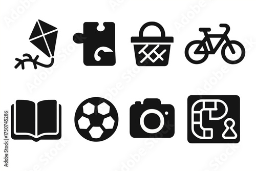 Family Fun Icons. Family Fun. Filled icon set of Family Fun: kite, puzzle, picnic basket, soccer ball, bicycle