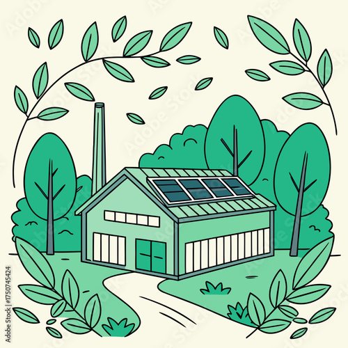 A charming illustration of a green factory building powered by solar panels on its roof surrounded by lush trees and foliage symbolizing eco friendly industry and sustainability