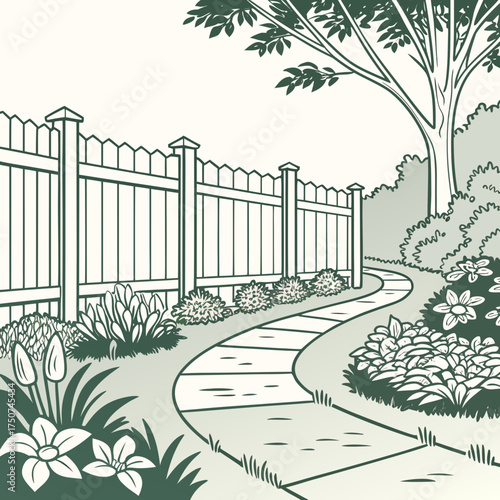 A charming illustration of a winding stone pathway leading through a lush garden with a white picket fence and a large tree providing shade on a bright day