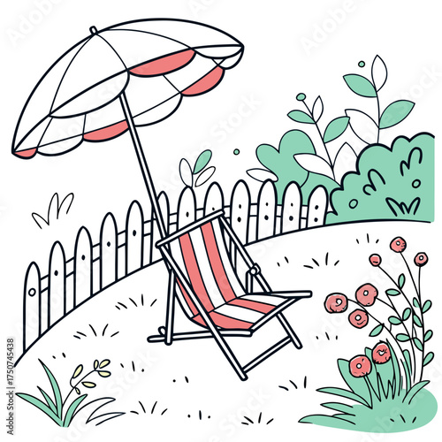 A charming hand drawn illustration of a striped deck chair and umbrella set up in a sunny garden with blooming flowers and a white picket fence