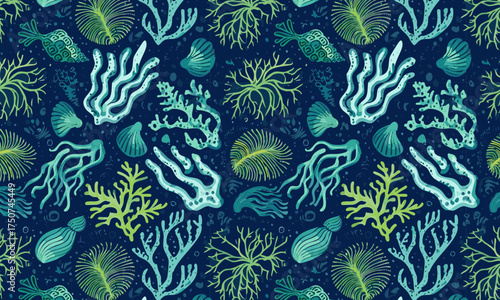 Bioluminescent Deep Sea Seamless Pattern, Hand-Drawn Glowing Coral Reef, Algae and Marine Life, Luxury Vector Underwater Background