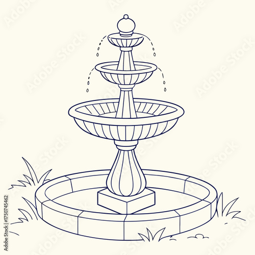 A classic tiered garden fountain with water flowing from the top tier into the lower basins surrounded by a stone border and tufts of grass rendered in simple line art style on a cream background