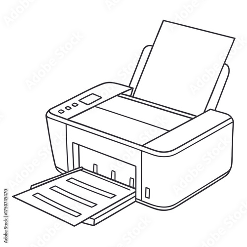A clean line art illustration of a modern inkjet printer with paper loaded in the input tray and one sheet emerging from the output tray