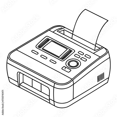 A clean line art illustration of a modern all in one office printer fax machine with a paper output slot and control panel buttons and display screen
