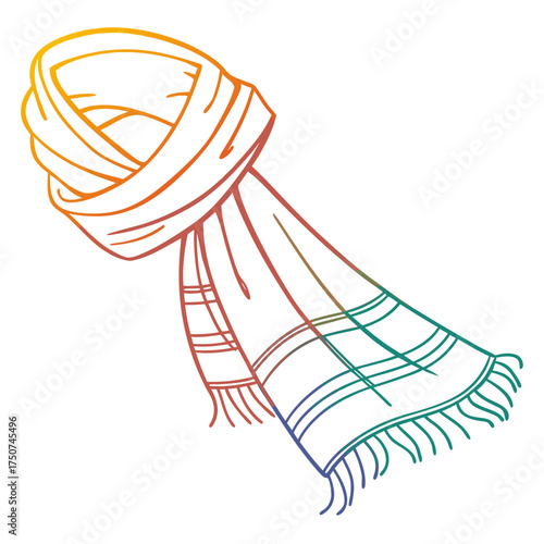 A colorful gradient line art illustration of a cozy winter scarf with fringe and plaid pattern isolated on a white background representing warmth and fashion