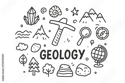 Geology Doodle Art. Geology. Hand-drawn doodle illustration of Geology. In the middle, one slightly larger