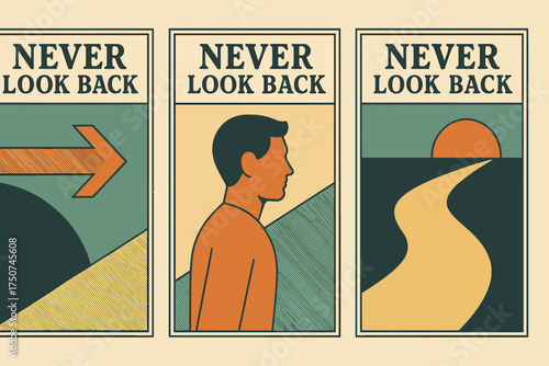 Retro Poster Trio. Never Look Back. Three or two minimalist vintage-style posters placed side by side in one
