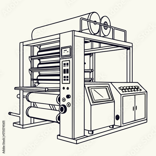 A detailed line art illustration of a modern industrial printing press machine with rolls of paper and a control panel featuring a touchscreen and buttons