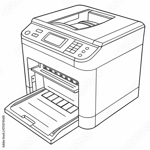 A detailed line drawing illustration of a modern office laser printer with its paper output tray extended and paper loaded showing its control panel and internal components