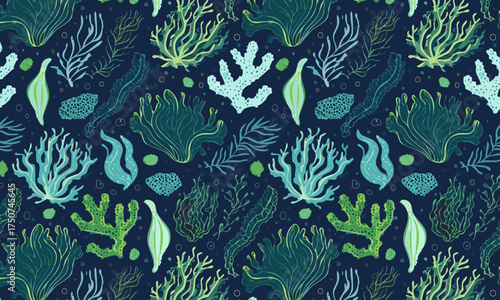 Bioluminescent Deep Sea Seamless Pattern, Hand-Drawn Glowing Coral Reef, Algae and Marine Life, Luxury Vector Underwater Background