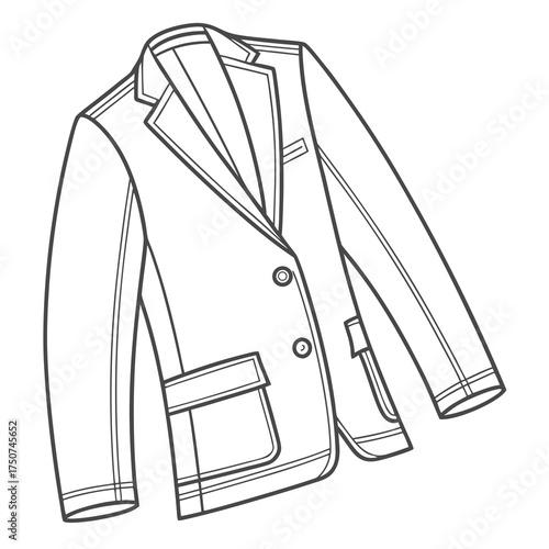 A detailed line drawing illustration of a classic men s blazer jacket with two buttons and flap pockets presented on a clean white background perfect for fashion design and apparel graphics