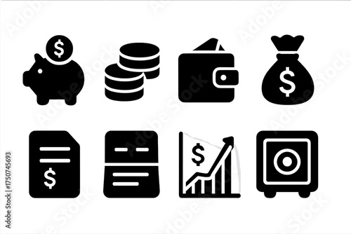 Savings Icon Collection. Savings. Filled icon set of Savings: piggy bank, coins, wallet, money bag, deposit