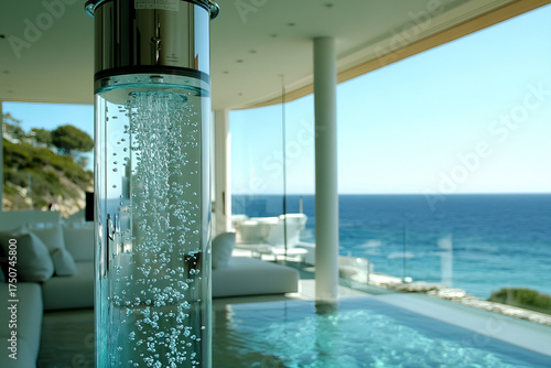 Modern indoor pool with clear water bubbles in glass column and ocean view through large windows, creating relaxing and luxurious atmosphere in bright living space