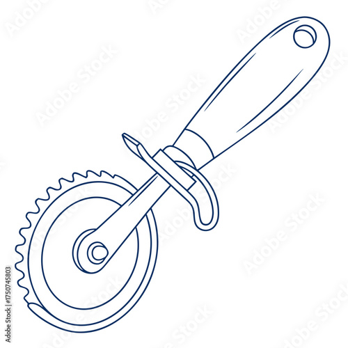 A simple line art illustration of a classic pizza cutter with a serrated stainless steel wheel and a comfortable ergonomic handle on a white background