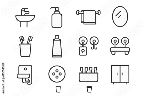 Toothbrush Holder Icons. Toothbrush holder. Line outline icon set of Toothbrush holder: bathroom sink, soap