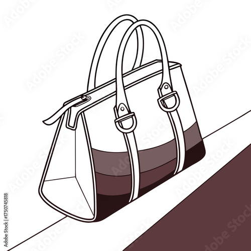 A stylish modern duffel bag with two top handles and a zipper closure featuring horizontal color blocking in shades of brown and white presented in a clean graphic illustration