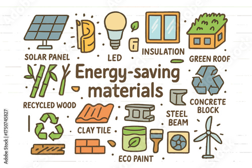 Doodle Energy Solutions. Energy-saving materials. Hand-drawn doodle illustration of Energy-saving materials.