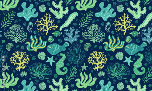 Bioluminescent Deep Sea Seamless Pattern, Hand-Drawn Glowing Coral Reef, Algae and Marine Life, Luxury Vector Underwater Background