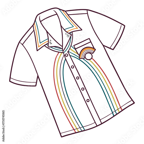A stylized graphic illustration of a short sleeved white button down shirt featuring a colorful rainbow stripe design and a chest pocket with a matching rainbow accent