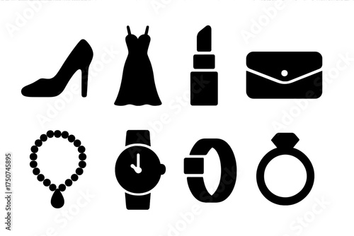 Glamorous Icon Set. Glamour. Filled icon set of Glamour: high heels, gown, lipstick, clutch, necklace, watch,