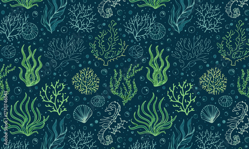 Bioluminescent Deep Sea Seamless Pattern, Hand-Drawn Glowing Coral Reef, Algae and Marine Life, Luxury Vector Underwater Background