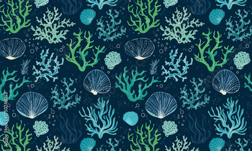Bioluminescent Deep Sea Seamless Pattern, Hand-Drawn Glowing Coral Reef, Algae and Marine Life, Luxury Vector Underwater Background