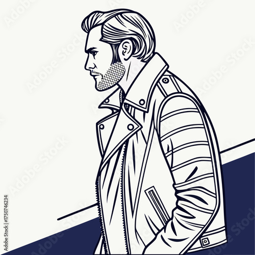 Stylish man with beard and slicked back hair wearing a leather jacket in a modern line art illustration with a minimalist background