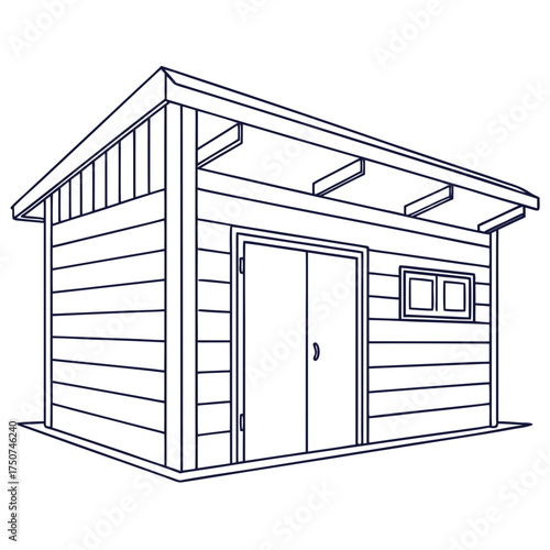 Simple wooden garden shed with double doors and a small window depicted as a clean line art illustration on a white background perfect for design