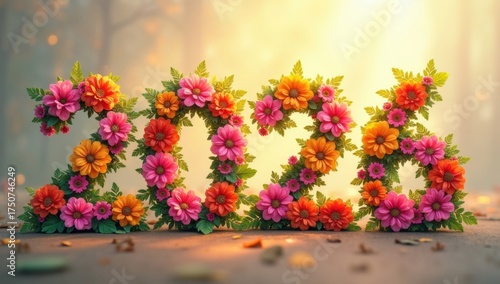 “2026” formado a partir de coloridos patrones florales, con pétalos y hojas, creando una atmósfera festiva alegre y natural