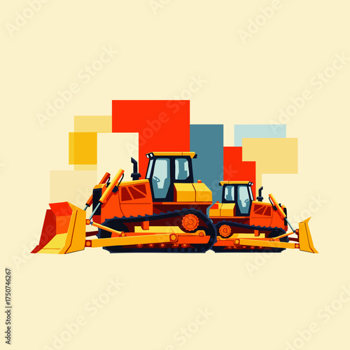 A vibrant illustration showcases two powerful orange bulldozers, essential heavy construction equipment, ready for earthmoving and site preparation tasks.
