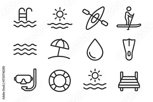 Wellness Retreat Icons. Wellness retreats. Line outline icon set of Wellness retreats: swimming pool, beach,