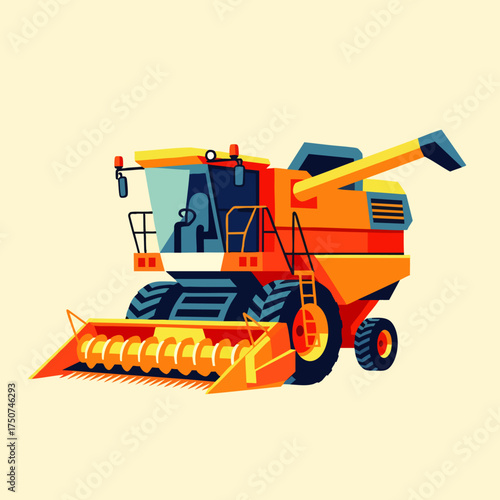 This striking illustration presents a modern, powerful orange combine harvester, embodying essential heavy equipment for efficient agricultural crop processing.