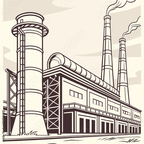Vintage industrial factory with tall smokestacks emitting smoke against a cloudy sky representing manufacturing and industry