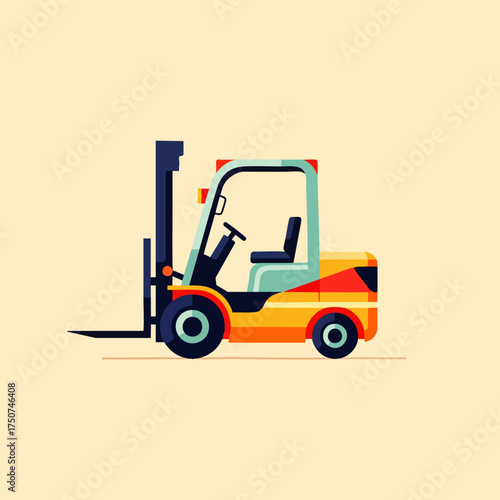 A vibrant, modern flat design illustration of a bright orange and yellow forklift, essential for industrial material handling and logistics operations.