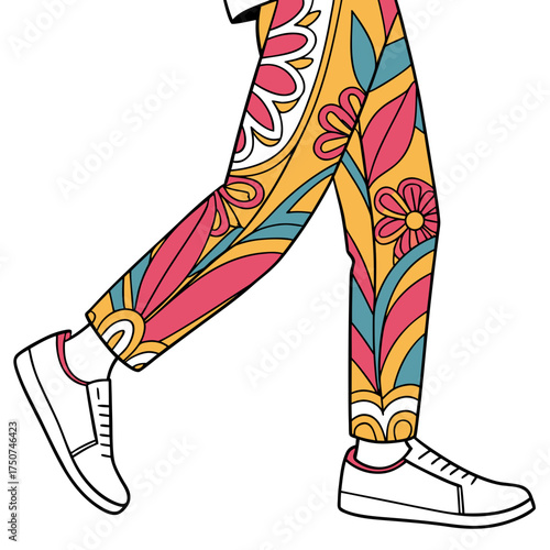 Vibrant floral patterned trousers worn by a person walking in white sneakers showcasing a bold and retro fashion statement with a playful design